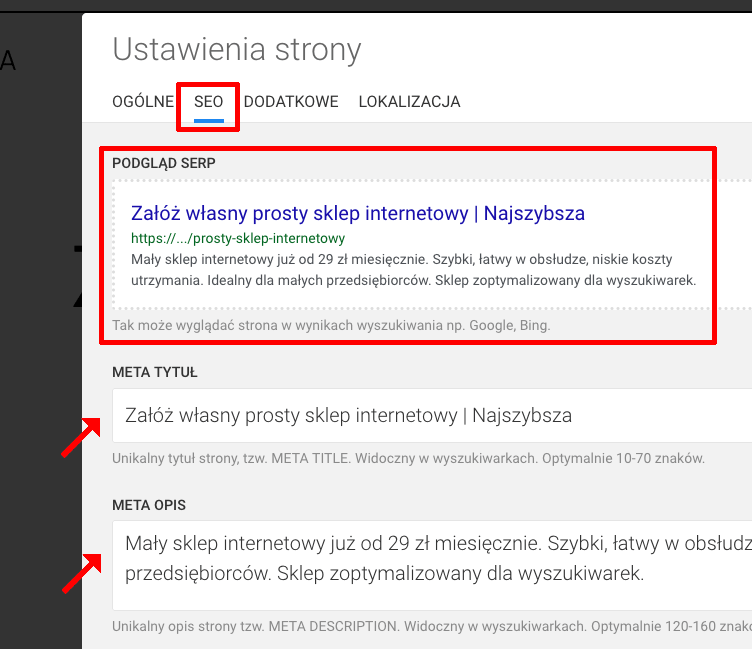 ustawienia strony meta tytuł i meta opis