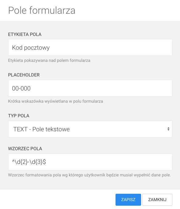 pole formularza przykład wyrażenia regularnego