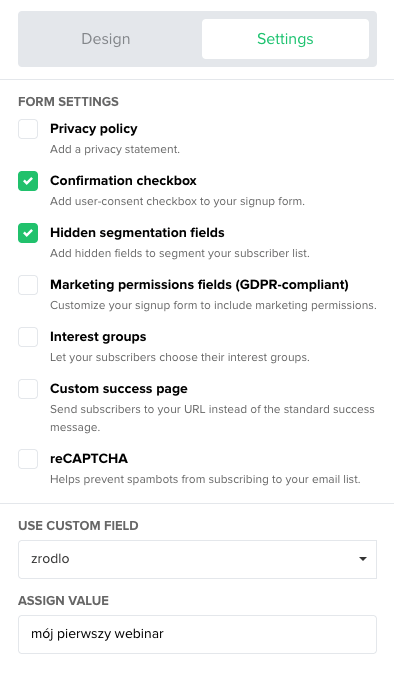 ustawienia formularza mailerlite