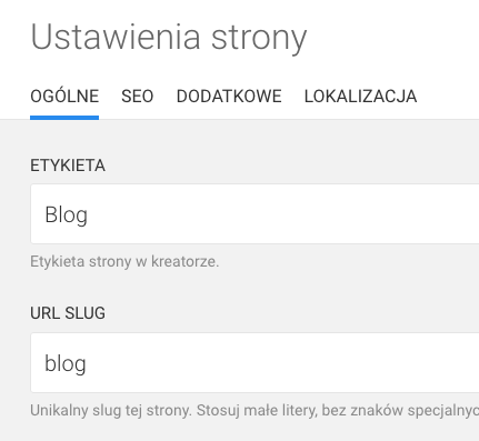 ustawienia strony blog