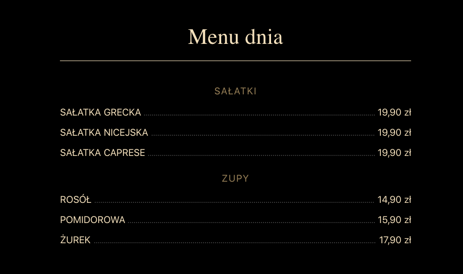 karta dań cennik na stronie internetowej