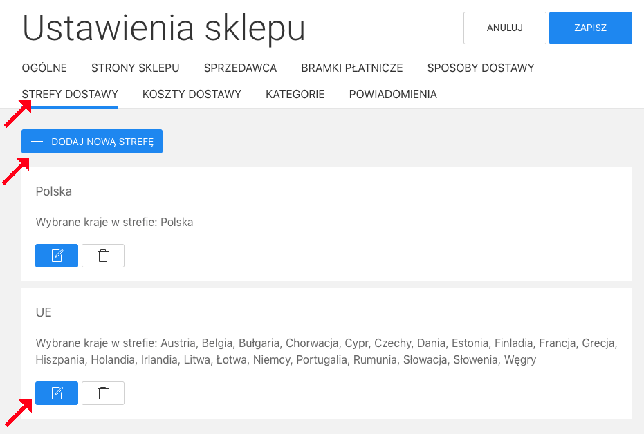 strefy dostawy w sklepie