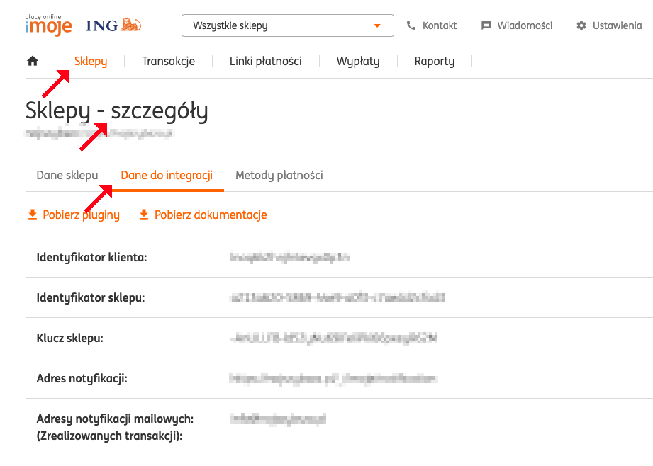 dane do integracji sklepu imoje