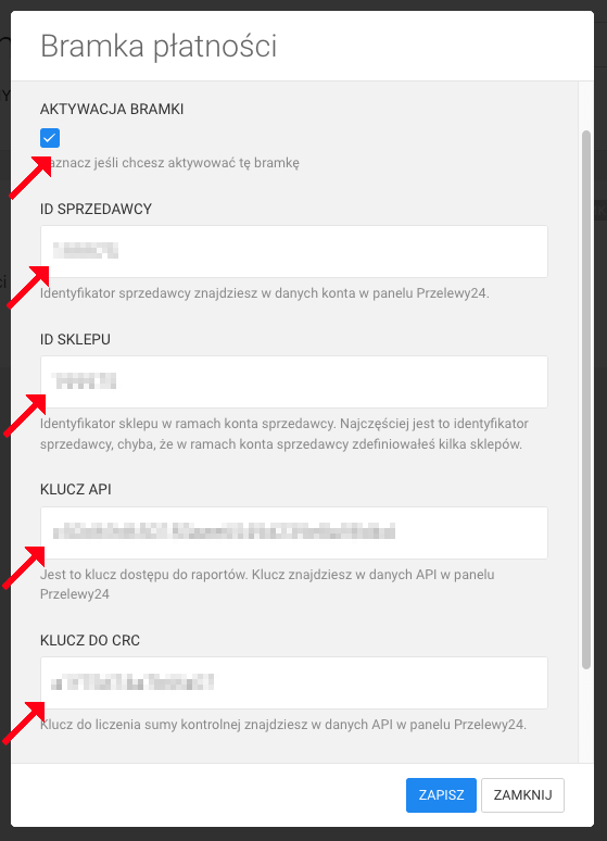 pola do konfiguracji przelewy24